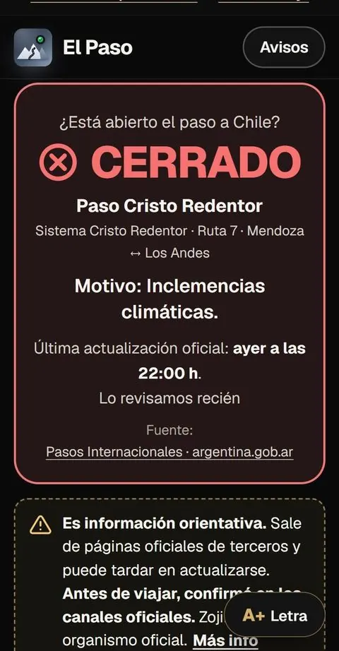 El Paso: si el paso a Chile está abierto o cerrado